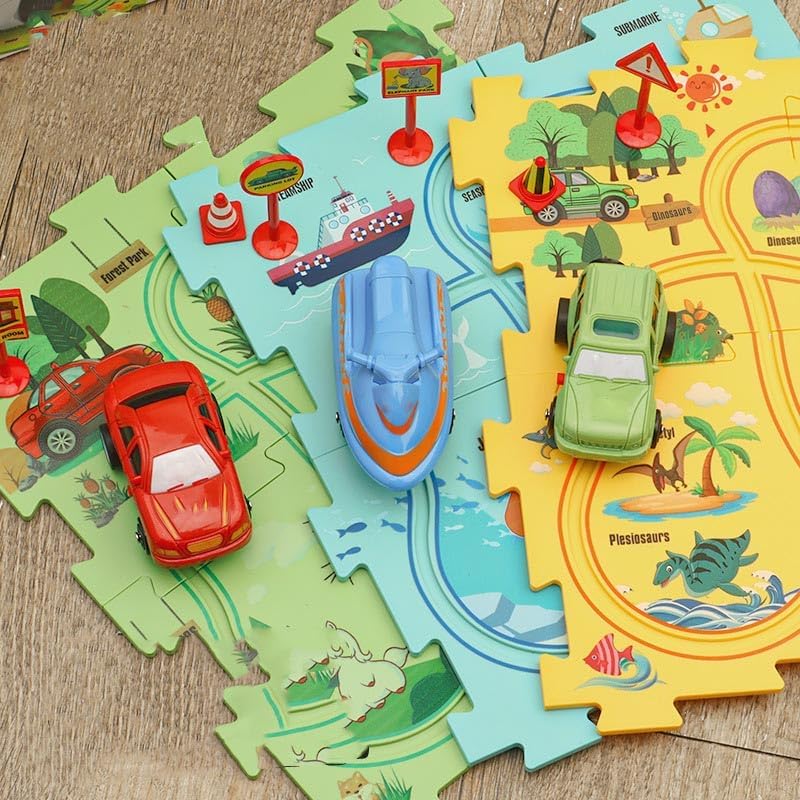 Carrito eléctrico de montaje de 25 piezas, juego de rompecabezas educativo para niños, rompecabezas de pista de automóvil con lindo vehículo,
