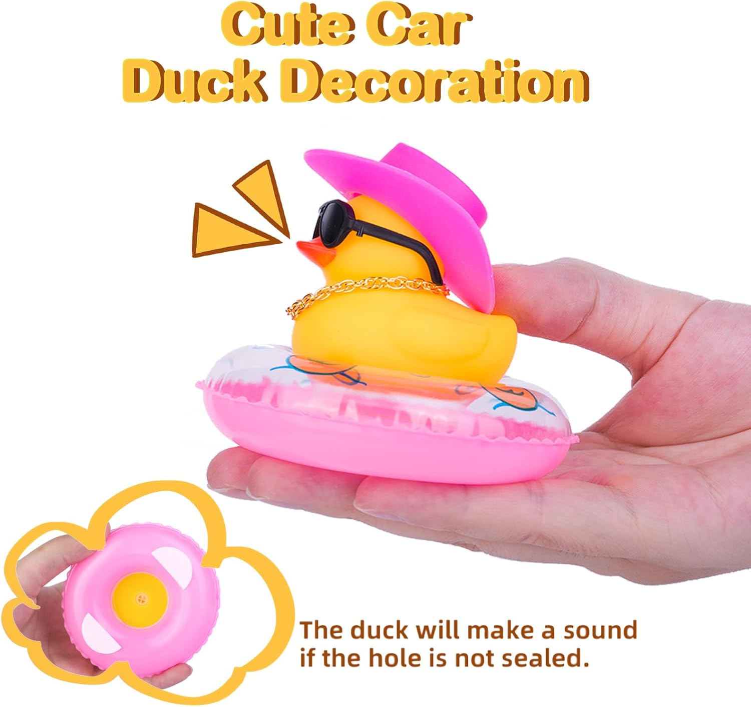 2 adornos de pato para automóvil, decoración de tablero de automóvil de pato amarillo con mini anillo de natación, collar de sombrero de vaquero y