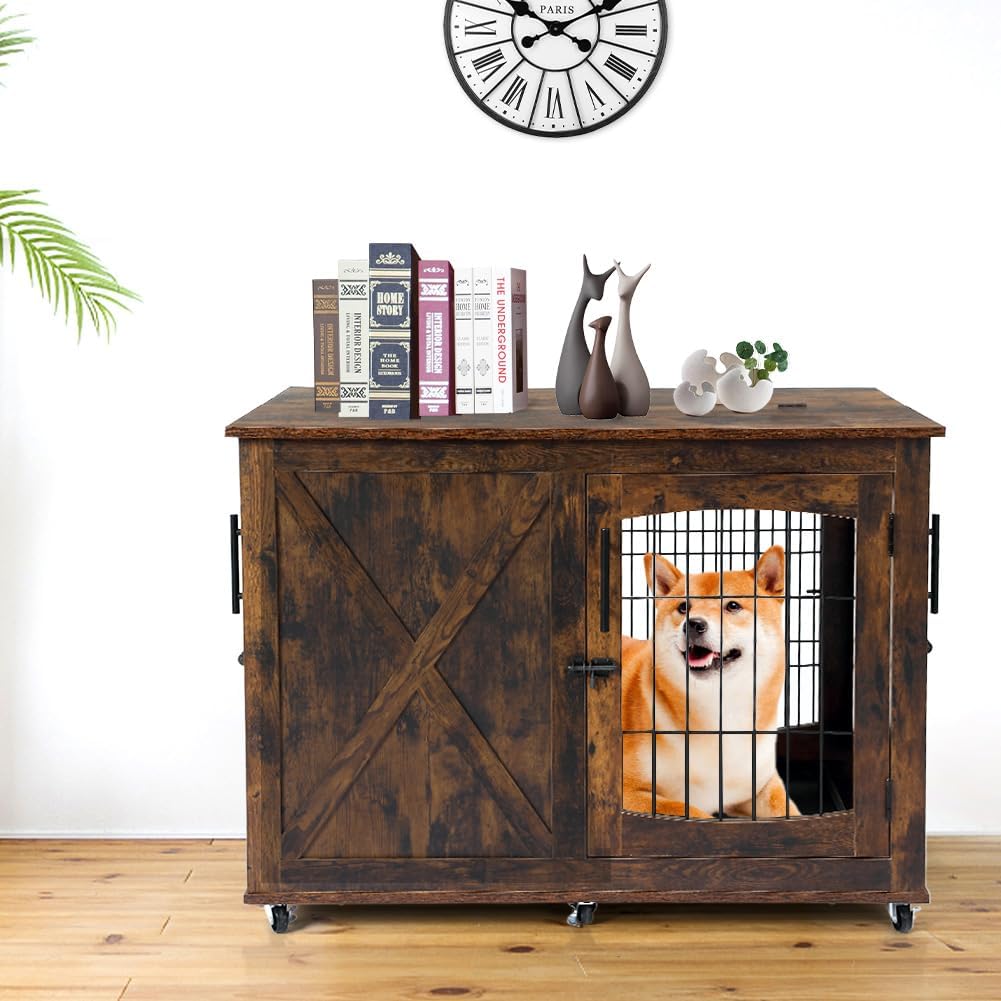 Muebles de jaula para perros con bandeja, mesa de madera para perros con 4 puertas, perrera con divisor, jaula para perros, mesa auxiliar auxiliar