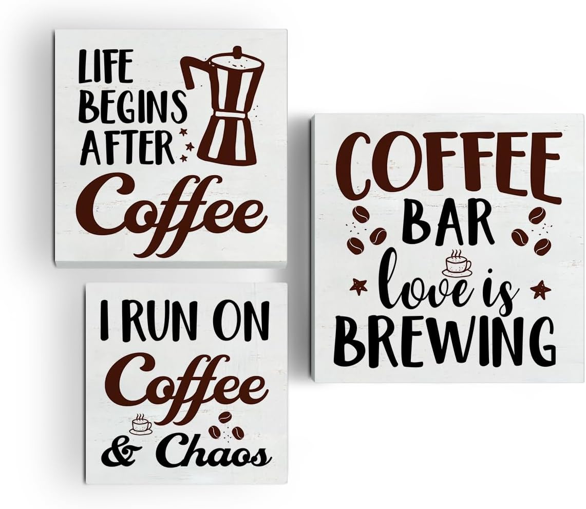 Letreros de caja de madera de café, 3 piezas con tema de café, bandeja escalonada, letreros de madera, decoración de bloque de madera, centro de