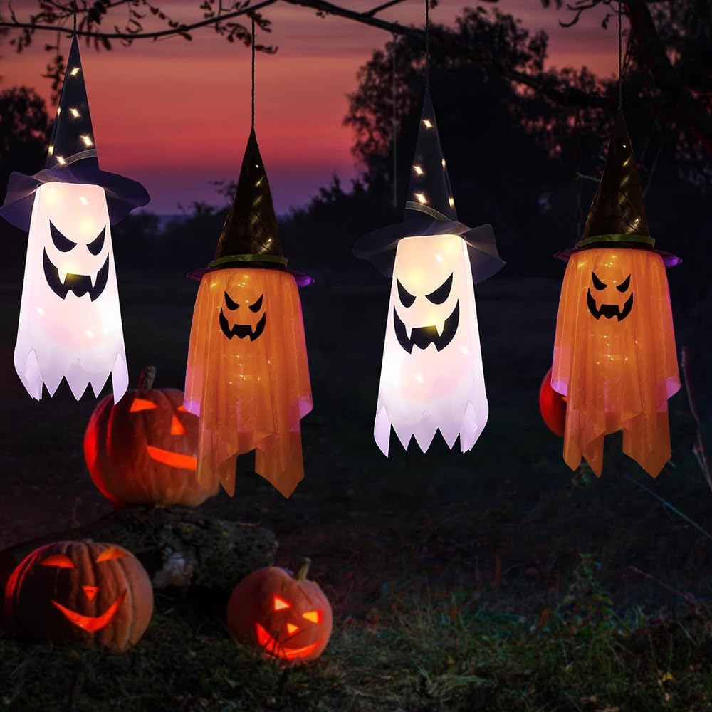 Decoraciones de Halloween para decoración al aire libre, 2 piezas de sombrero de bruja fantasma iluminado brillante de 38 pulgadas de largo,