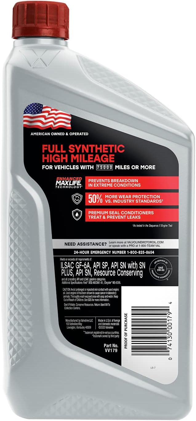 Valvoline Aceite de motor sintético completo de alto kilometraje con tecnología MaxLife SAE 5W-30, 1 cuarto de galón (paquete de 2)