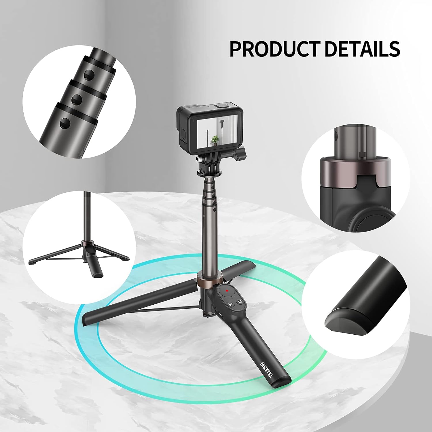 Trípode para selfie stick con control remoto para GoPro Max Mini Hero 12 Hero 11 Hero 10 Hero 9 Hero 8 Negro, trípode monopie de aluminio Bluetooth