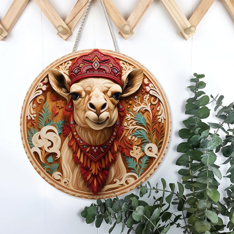 Camel With Christmas Hat Retro Custom Wood Signs for Home Decor, Door Hanger Wood Sign, Hanging Sign Wall