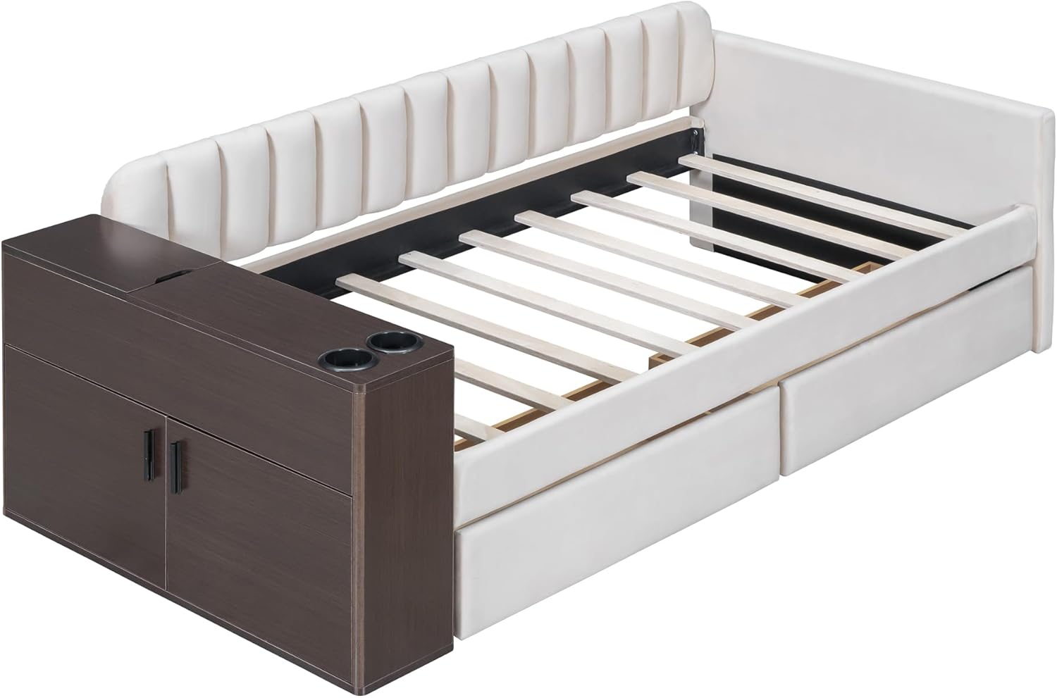 Sofá cama tapizado con reposabrazos de almacenamiento y 2 cajones, sofá cama multifuncional de terciopelo con portavasos y un juego de puertos USB y