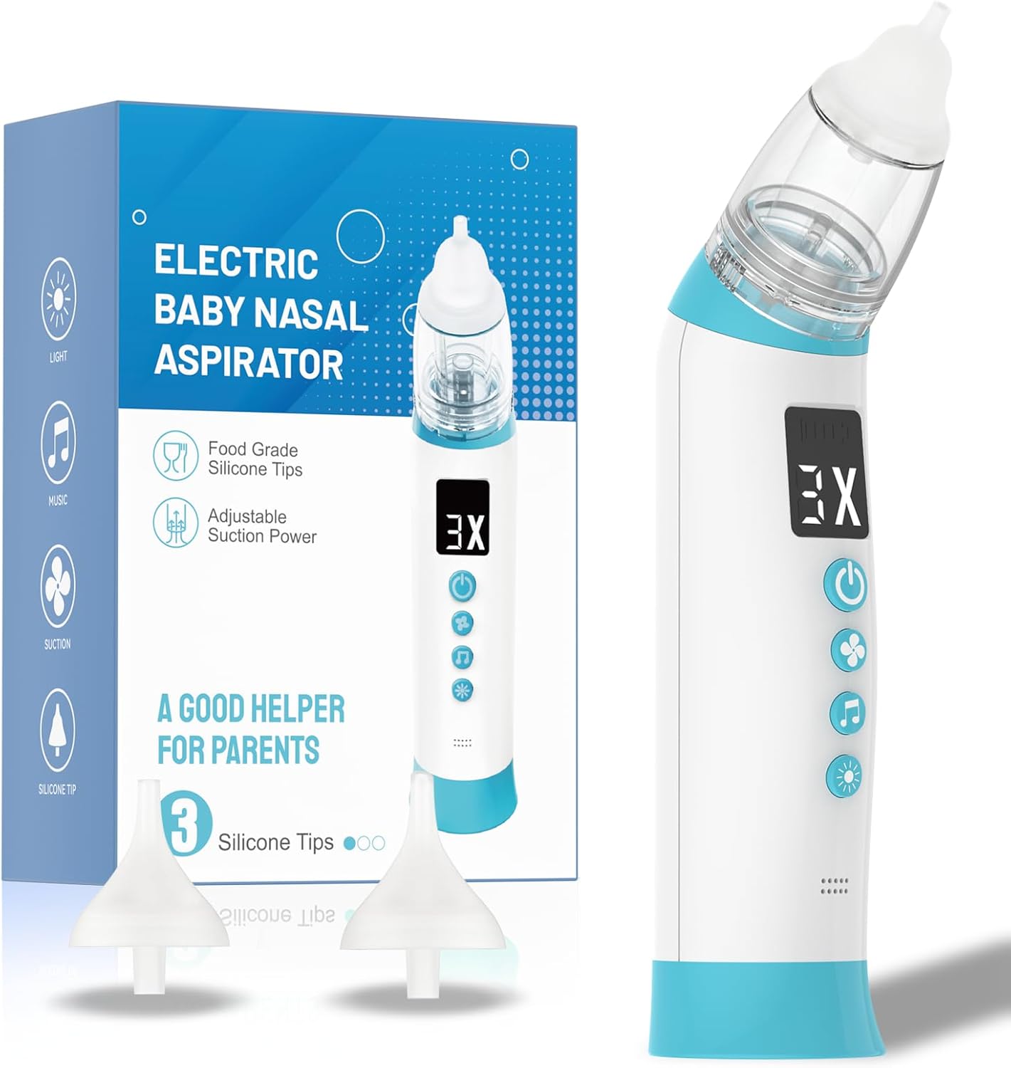 Aspirador nasal para bebé, aspirador nasal eléctrico para bebé, chupón de nariz recargable con 3 puntas de silicona, succión ajustable de 3 niveles,