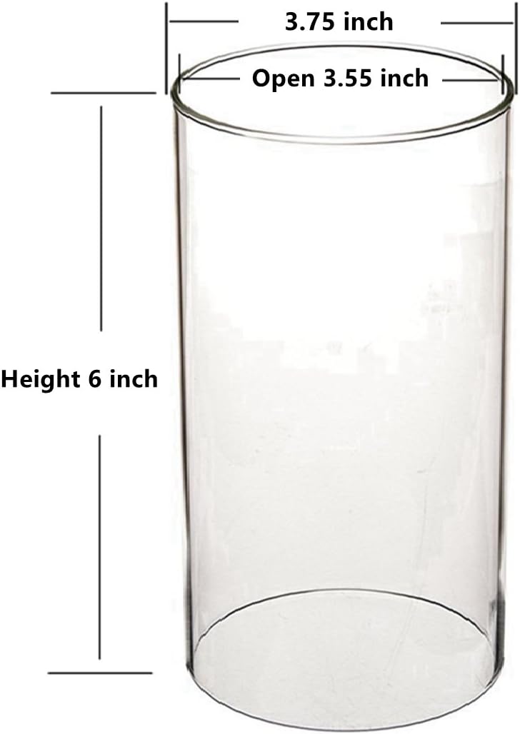 Portavelas transparente, chimenea de vidrio para velas de extremo abierto, diámetro interno de 3.55 pulgadas, diámetro externo de 3.75 pulgadas,