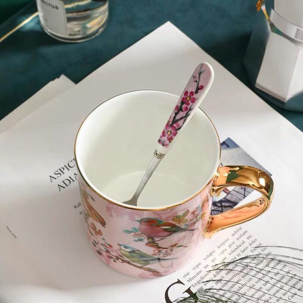 Taza de café de porcelana de porcelana para el hogar, cocina, oficina, patrones de pájaros (rosa)