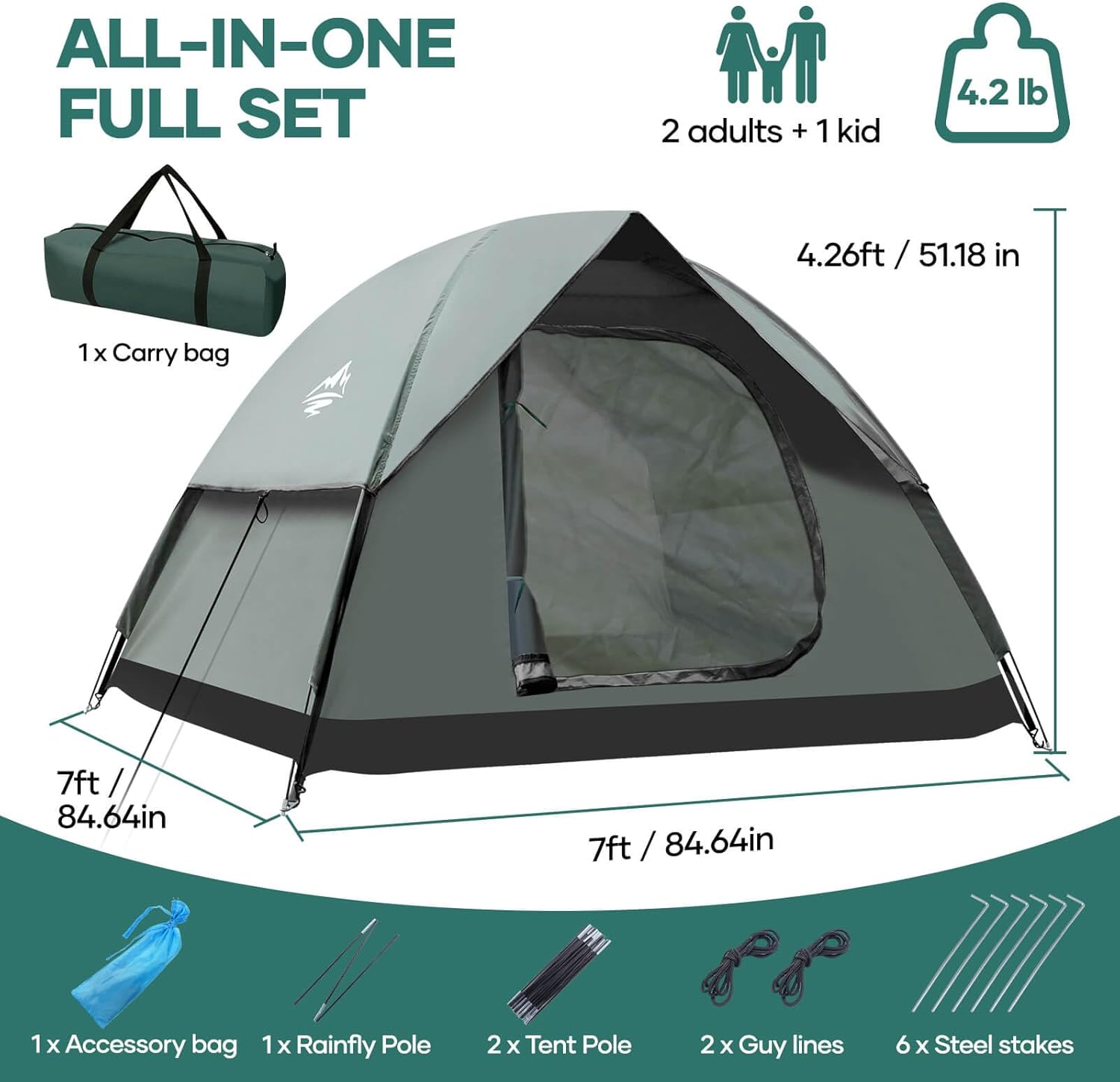 2-3 Person Camping Tent, Tents for Camping with Removable Rainfly, Family Dome Easy Set Up Tent, Lightweight Tent for Camping, Traveling, Hiking,