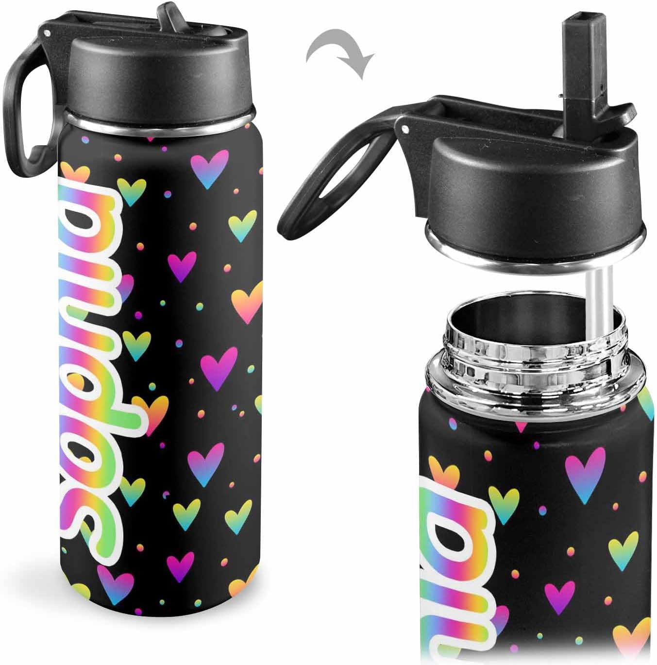 Botellas de agua personalizadas para niñas, de acero inoxidable con aislamiento de doble cara con pajilla, botella de agua de color degradado