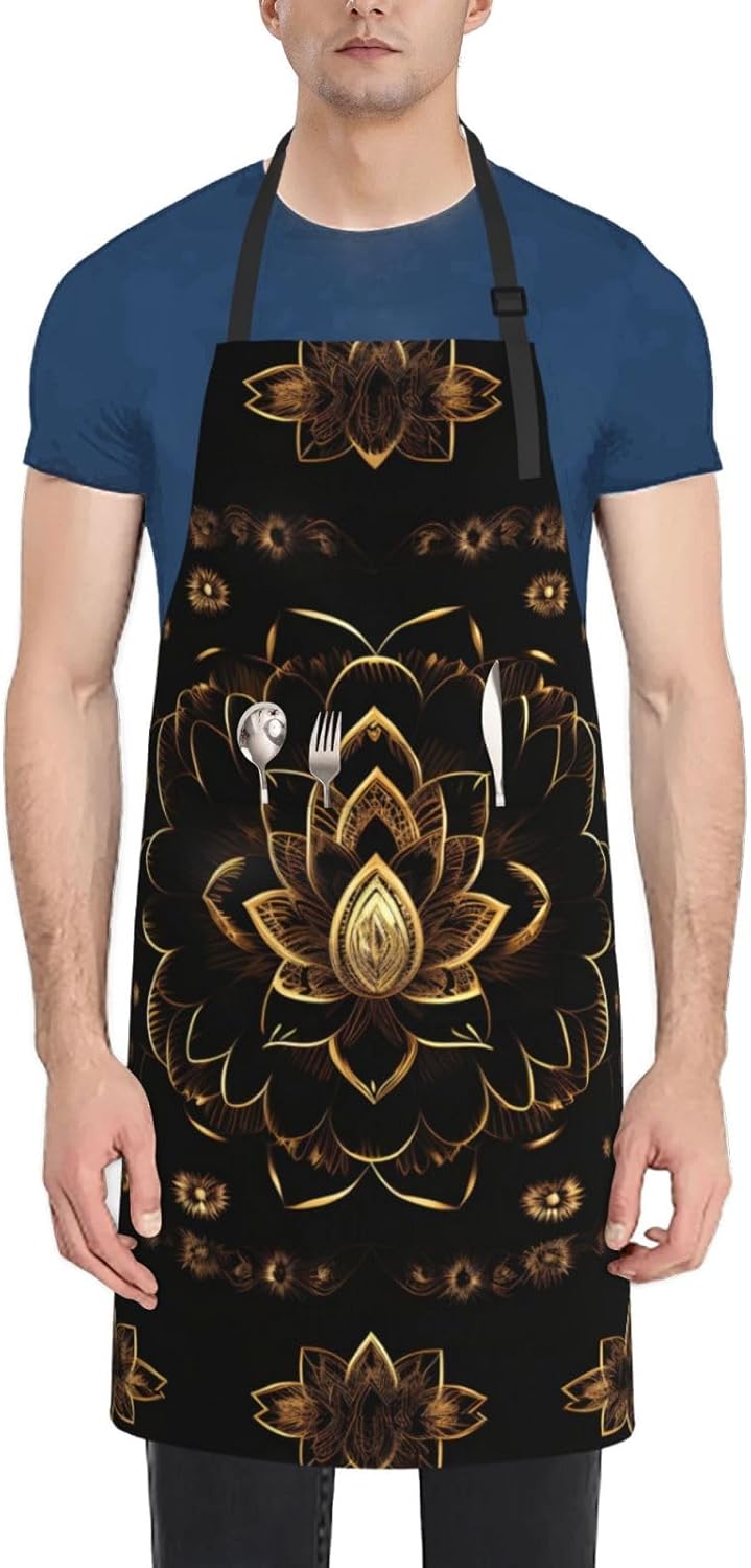 JENKEM Delantal impermeable de flores de loto dorado con bolsillos delantales de cocina ajustables babero de cocina para hornear hogar