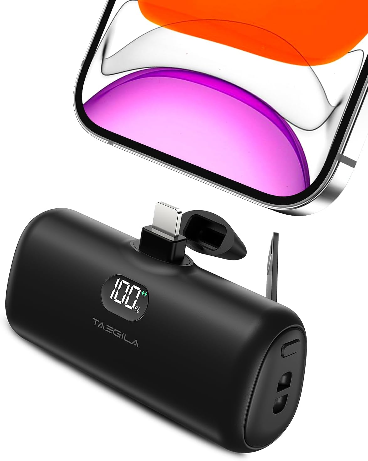 Taegila Cargador portátil pequeño para iPhone de 5000 mAh con cable integrado y soporte de metal, banco de energía compacto certificado MFi con