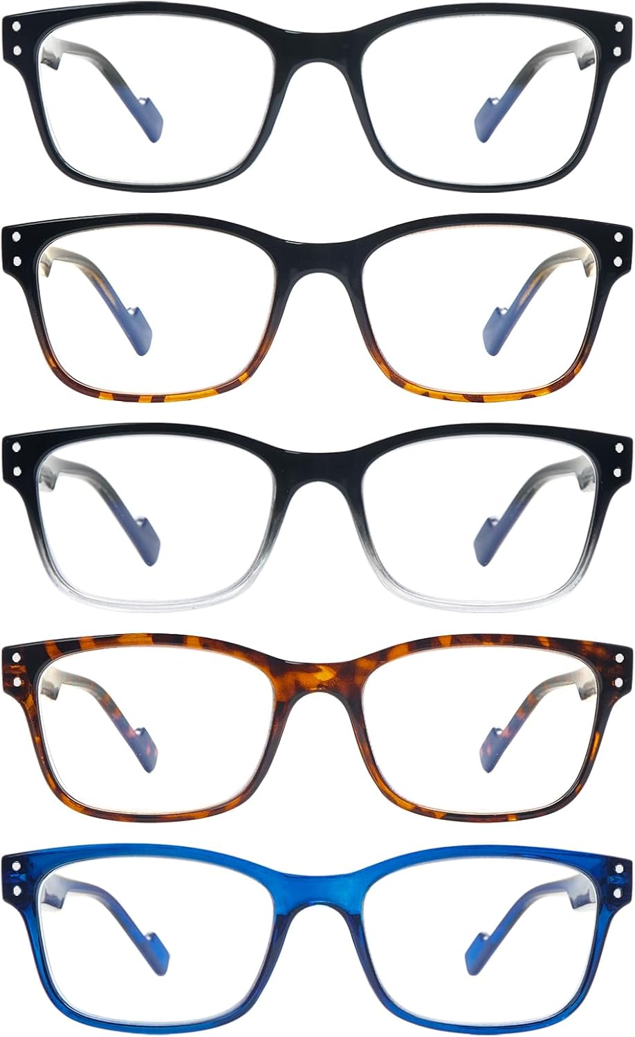 Paquete de 5 lentes de lectura de moda con bloqueo de luz azul para hombres y mujeres, filtro antirreflejos, lentes con bisagra de resorte