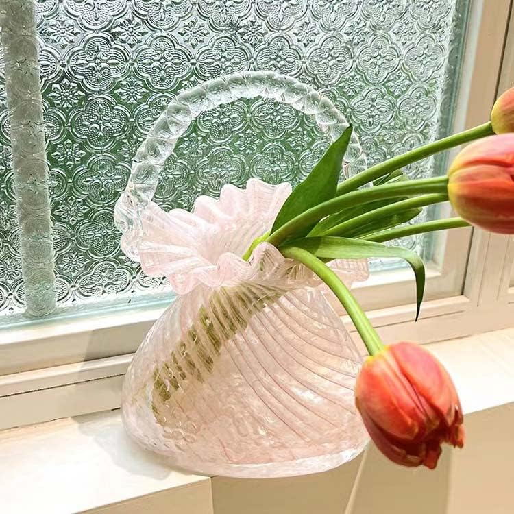 Jarrón de cristal hecho a mano para florero de flores de forma de bolso único florero decorativo