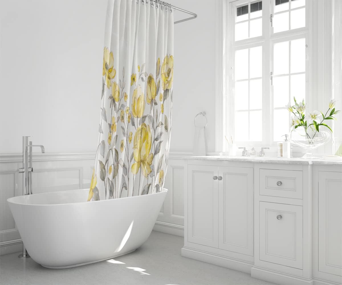 Cortina de ducha para baño, diseño floral de flores blancas y amarillas, cortina de ducha impermeable amarilla y gris, estilo moderno, 72 x 72