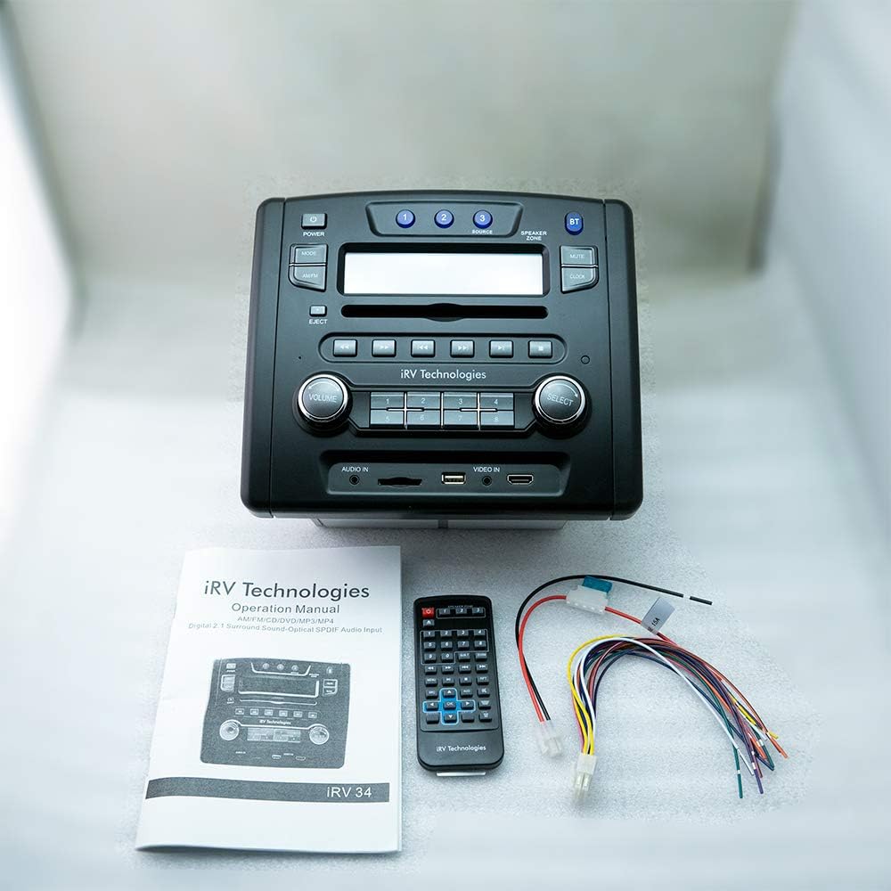 iRV Technology iRV34 AMFMCDDVDMP3MP4 USBSDHDMIDigital2.1Sonido envolventeBluetooth 3 zonas montaje en pared RV Radio estéreo