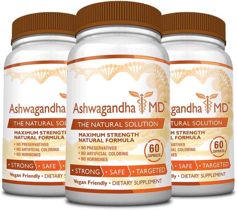 Ashwagandha MD con jengibre y bioperina. Reduce el estrés, mejora el estado de ánimo, mejora el sueño. Orgánico y vegano 60 cápsulas – 3 botellas –