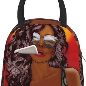 Fiokroo Bolsa de almuerzo aislada con aislamiento para niñas afroamericanas, reutilizable, impermeable, bolsa de almuerzo para escuela, trabajo, Fiokroo Bolsa de almuerzo aislada con aislamiento para niñas afroamericanas, reutilizable, impermeable, bolsa de almuerzo para escuela, trabajo,