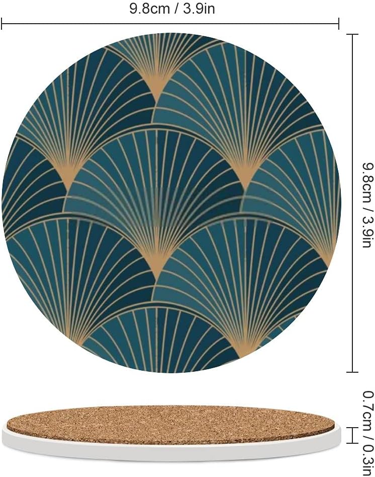 Kuizee Juego de posavasos dorados, estilo Art Deco azul, cerámica, absorbente, apartamento, cocina, habitación, bar, decoración de vasos, base