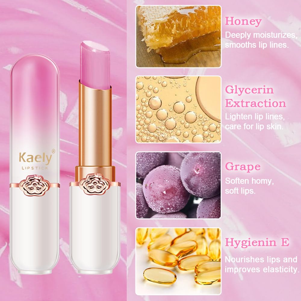 Kaely Bálsamo labial teñido de uva, juego de maquillaje que cambia de color de lápiz labial PH, brillo de tinte de labios rosa claro, labios