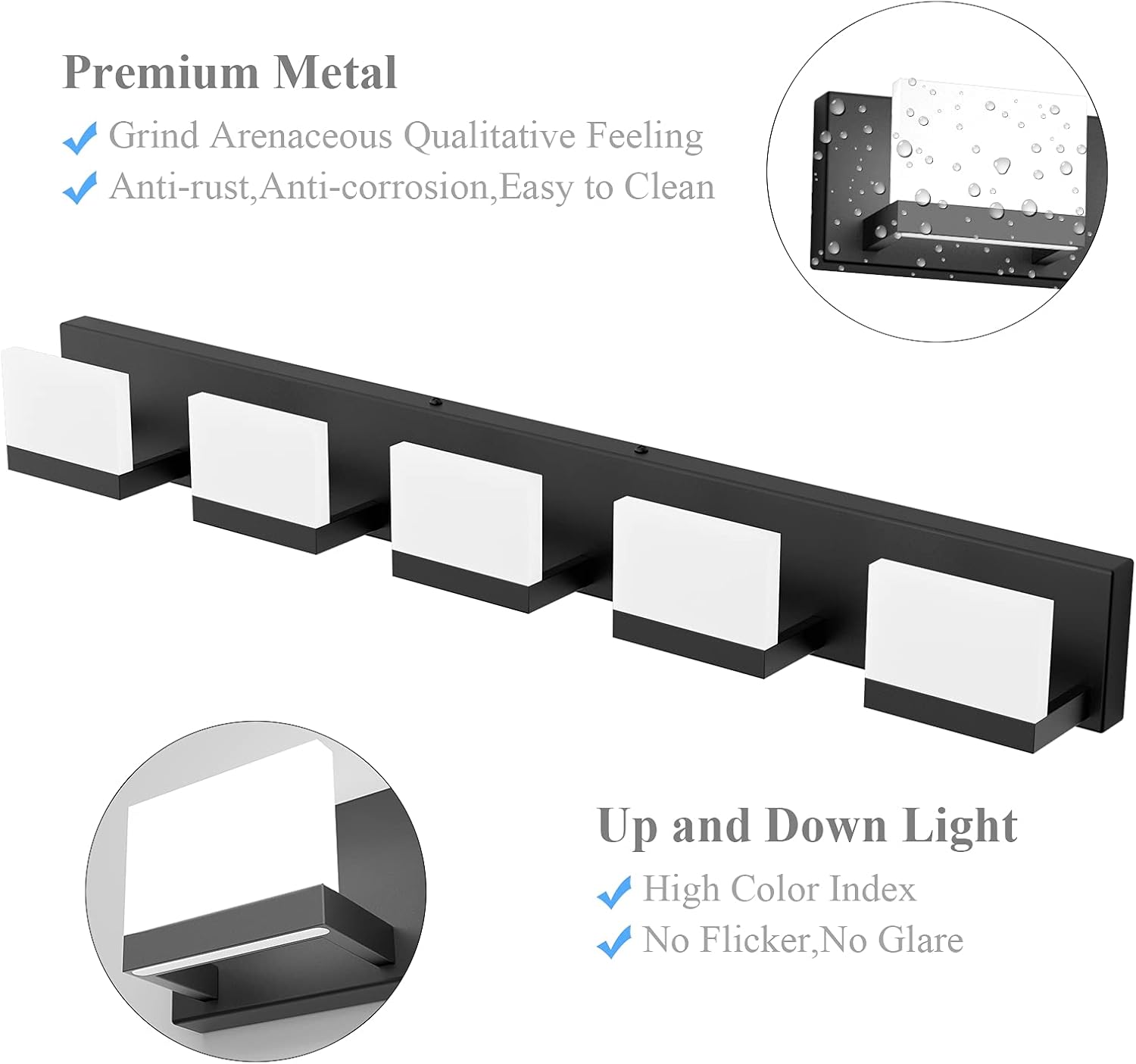 Tipace – 5 Lámparas de tocador, modernas, de color negro, con luz led arriba y abajo, para colocarlas sobre el espejo del tocador del baño, de 6,000K