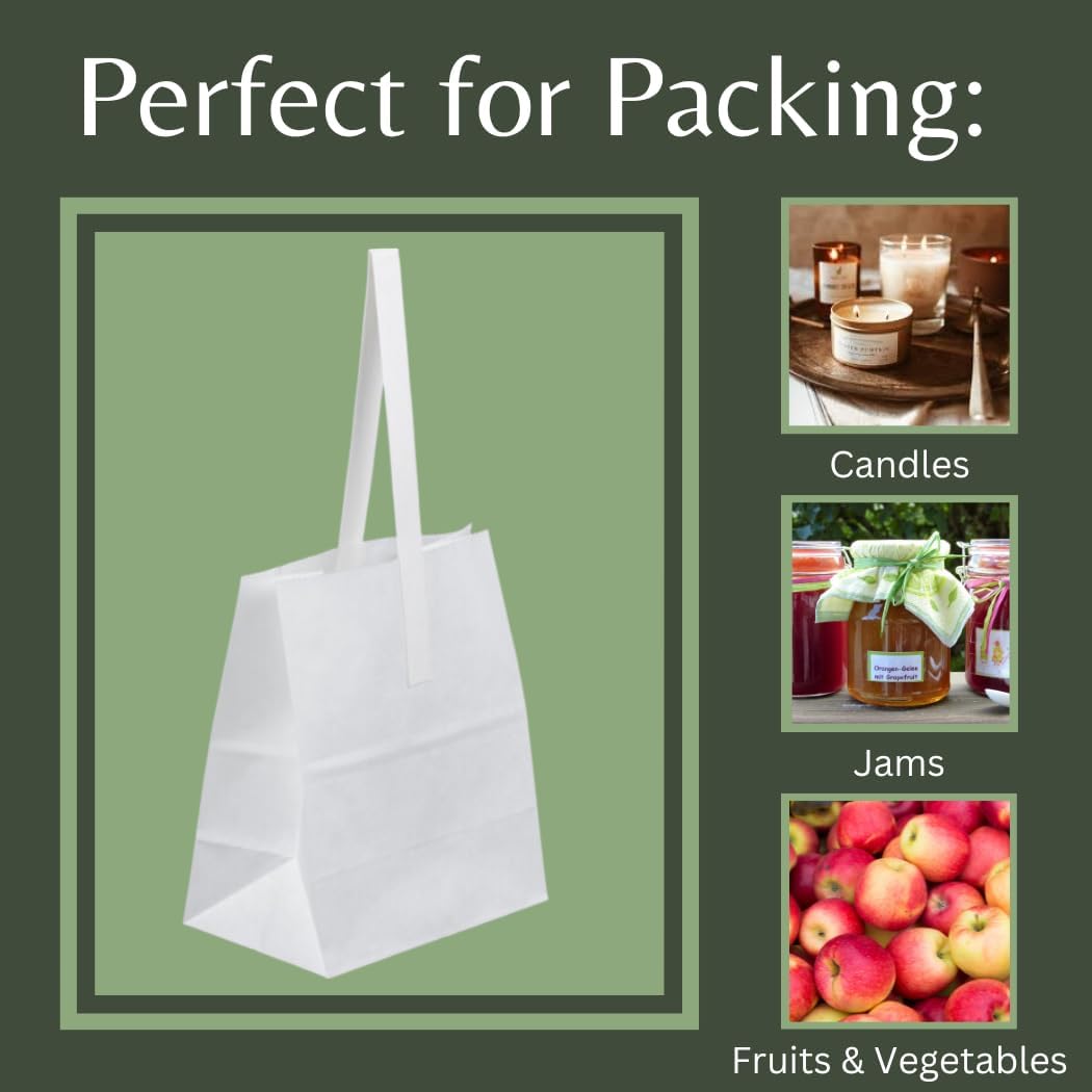 Paquete de 50 bolsas de papel kraft blancas fabricadas en Estados Unidos con asas (6.75 x 4.25 x 8 pulgadas) perfectas para productos de medio punto