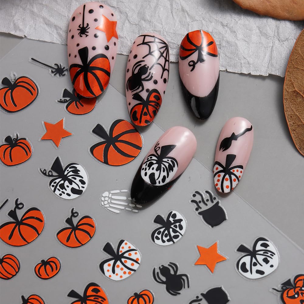 8 hojas de calcomanías de arte de uñas de Halloween, diseño de calabaza fantasma, diseño de llama de araña, diseño de llama de sangre y llama,