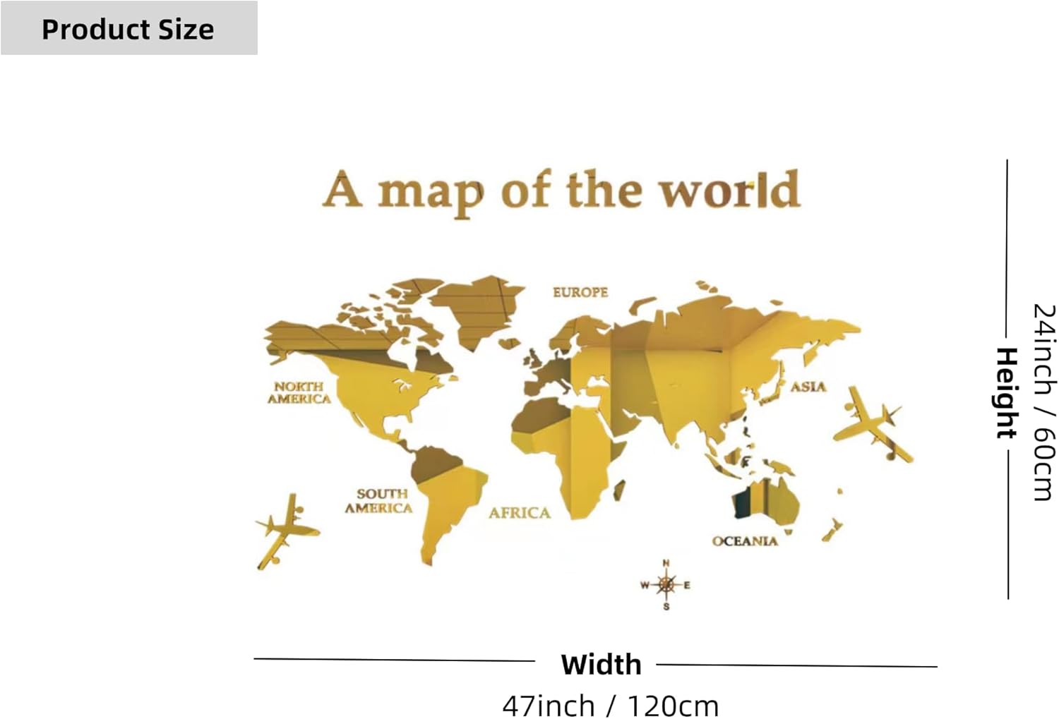 WINDIR Calcomanías de pared de mapa del mundo 3D, murales de decoración de bricolaje, calcomanías plateadas, 47 x 24 pulgadas, decoración de pared