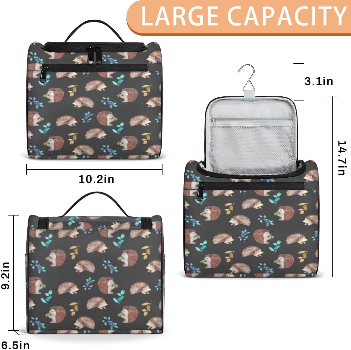 Erizos Animals Pattern Travel Toiletry Bag Water-Resistant Makeup Cosmetic Bag with Hanging Hook Large Capacity Makeup Organizer for Women Travel