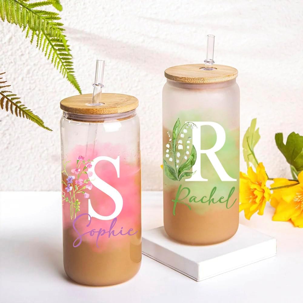 Vaso personalizado con nombre, regalo para ella, vaso delgado de 20 onzas, vaso de vidrio personalizado con nombre floral, vaso de dama de honor,