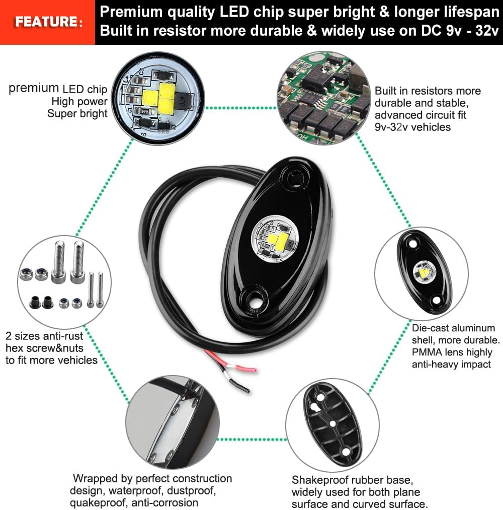 Lámpara de LED de 4 unidades Rock de Amak, para brillo en los bajos del vehículo, a prueba de agua, para Jeep, ATV, SUV, camión todo terreno, barco,