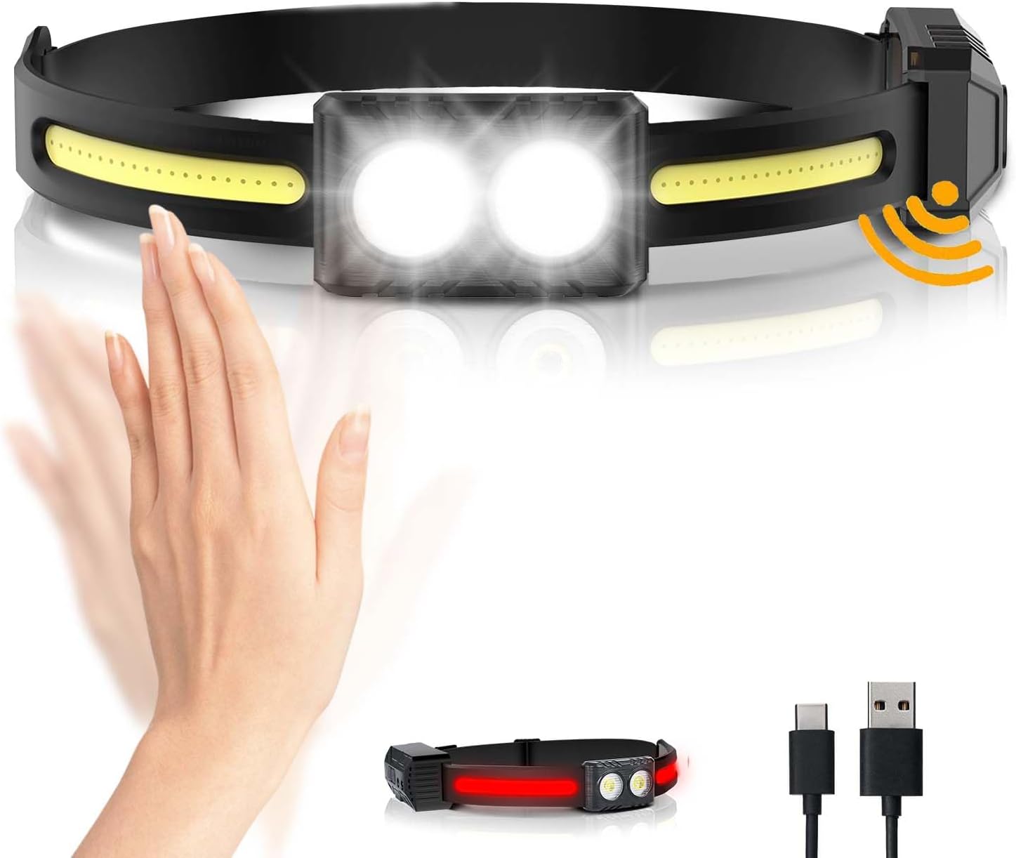 Linterna frontal recargable, 270 de haz ancho LED con sensor de movimiento para adultos, linterna de cabeza impermeable, 9 modos de iluminación,