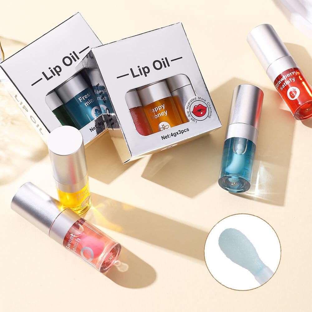 Juego de 3 aceites hidratantes para labios, aceite hidratante para labios, brillo labial, transparente, sin pegajoso, bálsamo labial, cuidado de