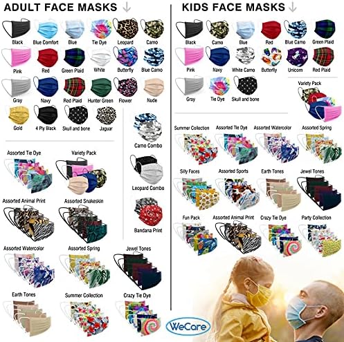 WeCare – Cubrebocas desechables para adultos, envueltos individualmente, paquete de 50, máscaras faciales de colores