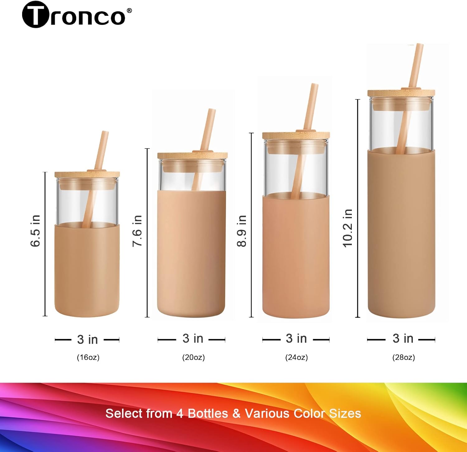 Tronco Vaso de vidrio de 24 onzas con popote y tapa, taza de vidrio con tapa y pajita, taza de batido, taza de café helado, tapa de bambú y funda