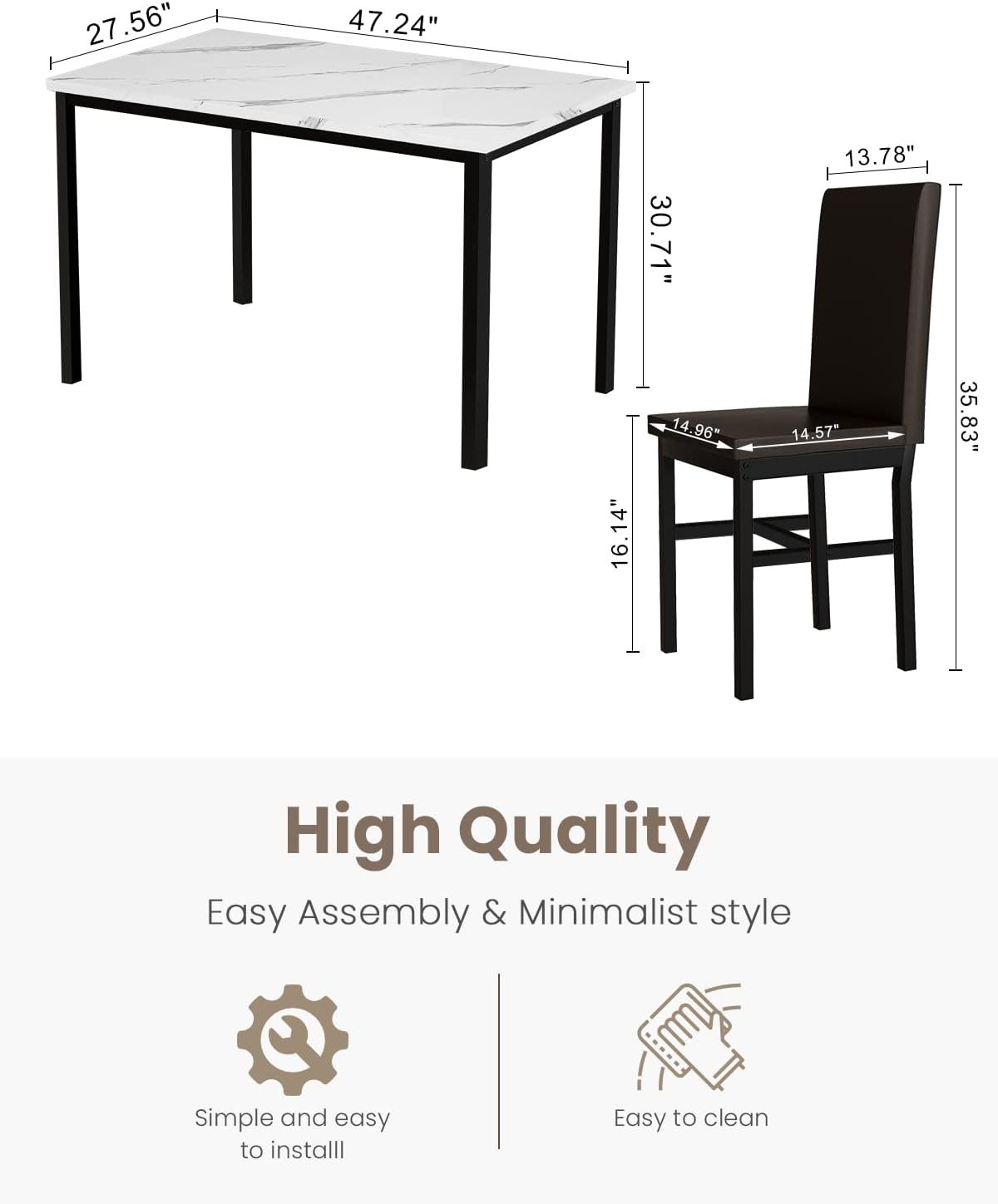 Recaceik Juego de mesa de comedor de 5 piezas para 4 personas, moderno juego de mesa de cocina de 47 pulgadas con parte superior de mármol