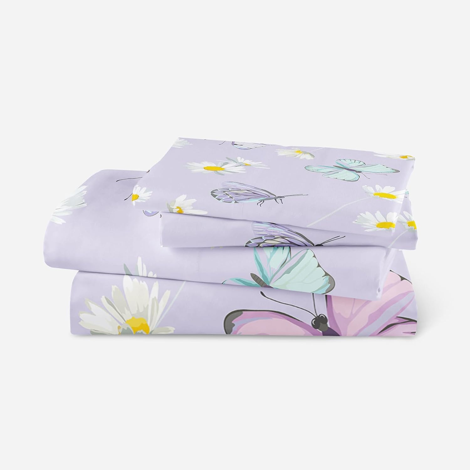 QOOMO Juego de sábanas de mariposa morada, diseño de margaritas para niños, de bolsillo profundo de 16 pulgadas, juego de sábanas de 4 piezas para