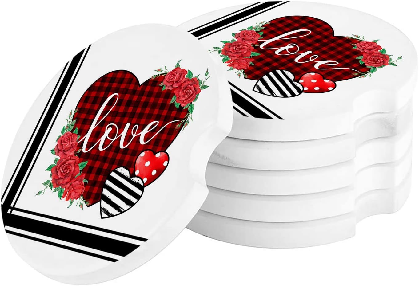 2 Packs Car Cup Holder Coaster, Valentine’s Day Rose Flower Love Heart Buffalo Plaid Stripe Universal Fashion Car Cup Holders for Women Men