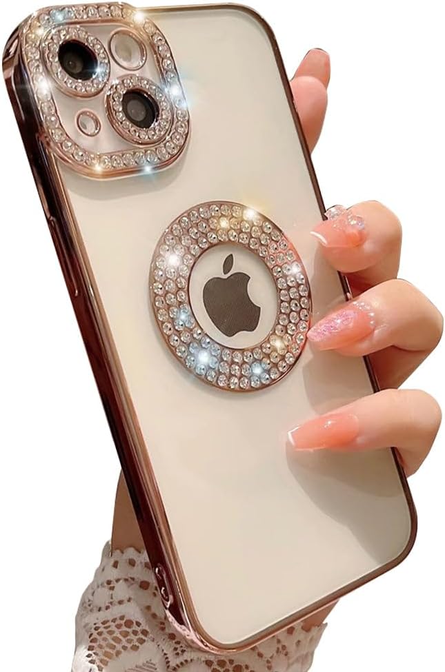 Casechics Funda compatible con iPhone, funda de lujo con purpurina brillante con diamantes de imitación y protección de lente de cámara,