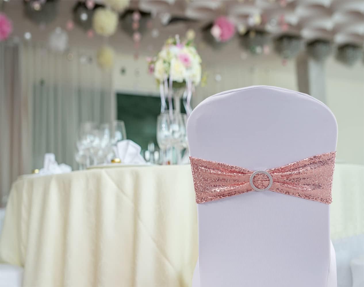 Paquete de 100 bandas de lentejuelas para sillas de color oro rosa, lazos para sillas plegables de fiesta de boda, banda de oro rosa con hebillas