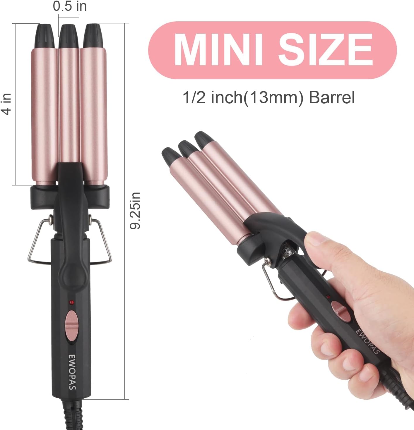 Ewopas Small Hair Crimper 3 Barrel Curling Iron Wand,12 Inch Beach Waves Curling Iron,Fast Heating, Light Weight, and is Easy to use,Mini Dual