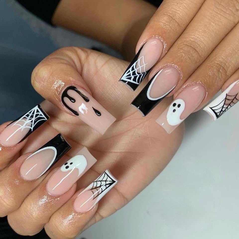 Uñas postizas a presión de Halloween, largas y cuadradas, con diseños de telaraña, fantasma, uñas acrílicas, uñas acrílicas negras con pegamento en