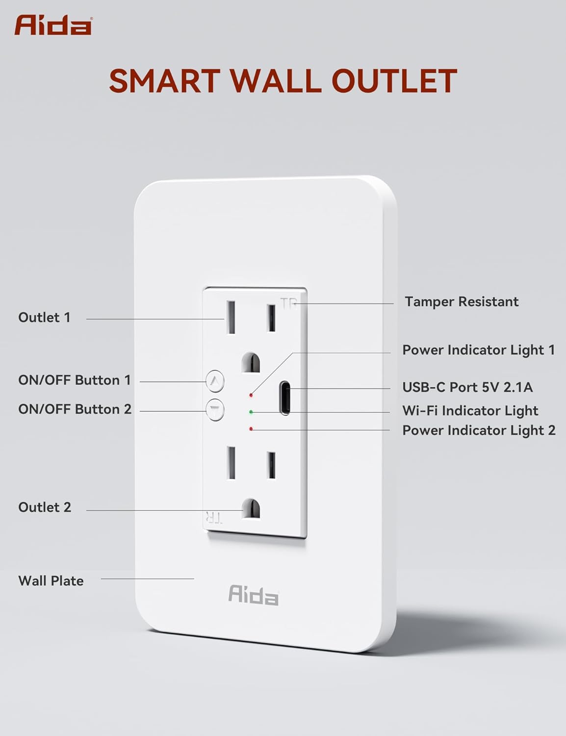 AIDA Toma de corriente inteligente Wi-Fi en pared, toma eléctrica estándar con puerto USB-C, receptáculo de 15 A, resistente a manipulaciones,
