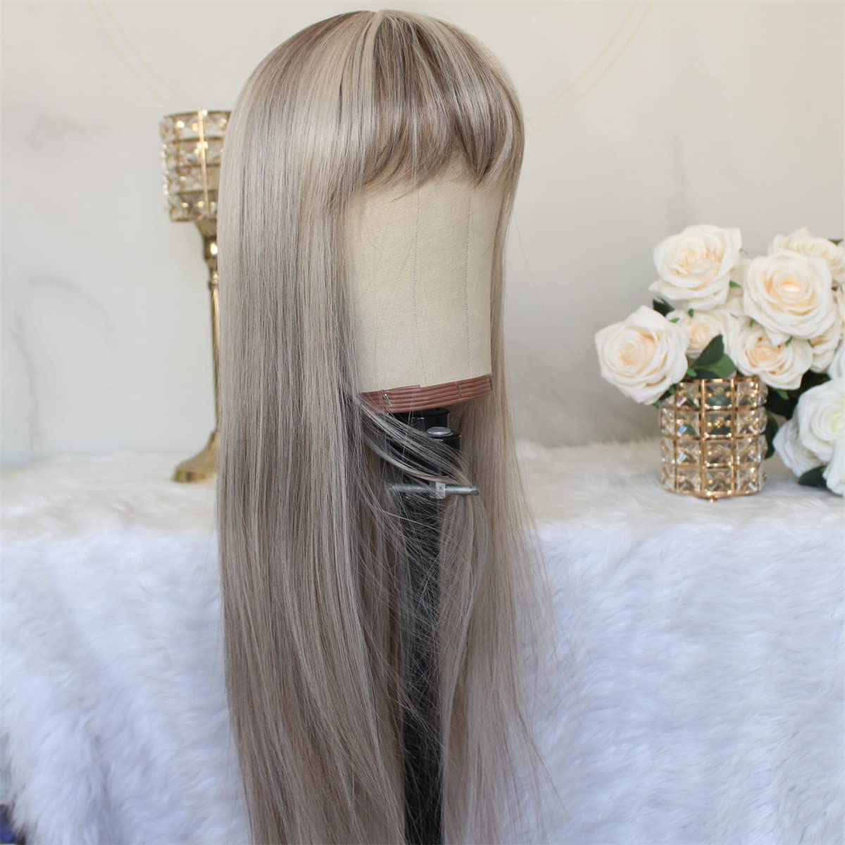 Aisom Peluca sintética larga y recta con flequillo, mezcla de platino marrón y rubio ceniza, pelucas ombré para mujer, peluca con reflejos