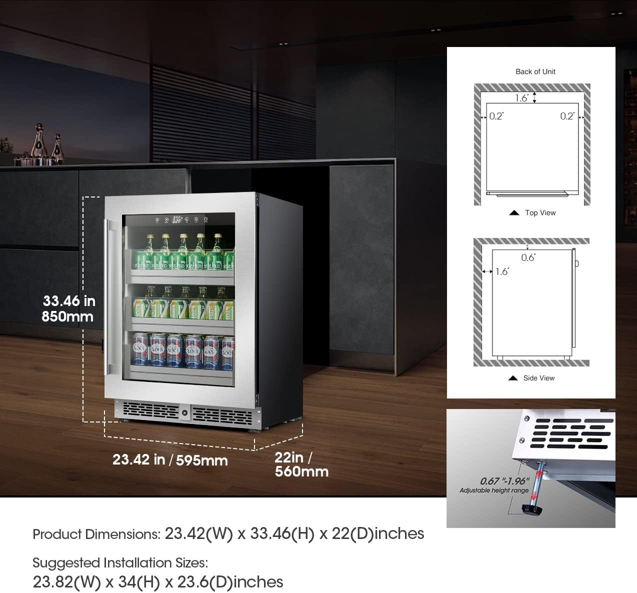 Refrigerador de bebidas de 24 pulgadas, capacidad para 154 latas, acero inoxidable con mini refrigerador integrado y puerta de vidrio. Enfría tus