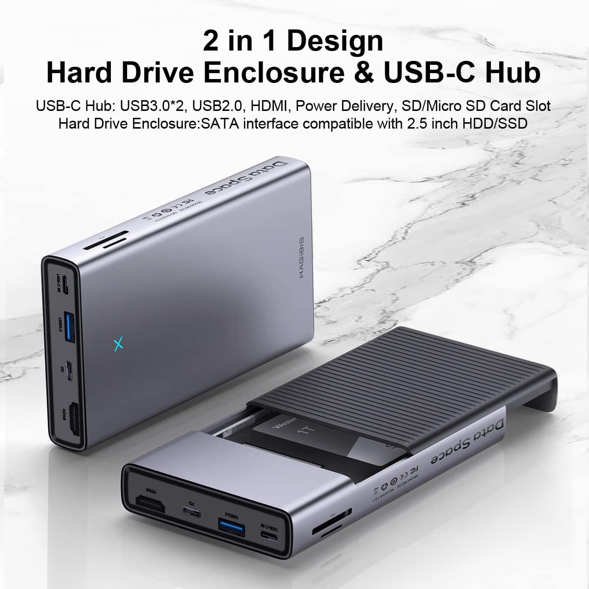 Hagibis Concentrador USB-C con carcasa para disco duro, estación de acoplamiento tipo C 2 en 1 y carcasa para disco duro externo SATA de 2.5