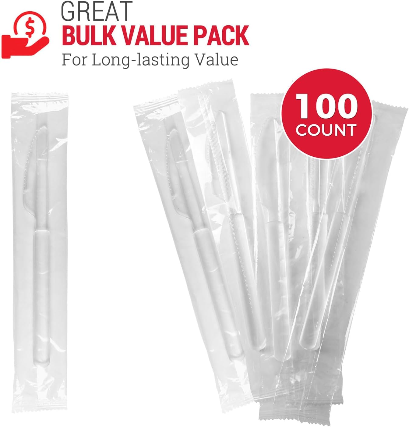 3 cuchillos de plástico transparente resistentes envueltos individualmente, resistentes como cubiertos, paquete de 100 cuchillos desechables a