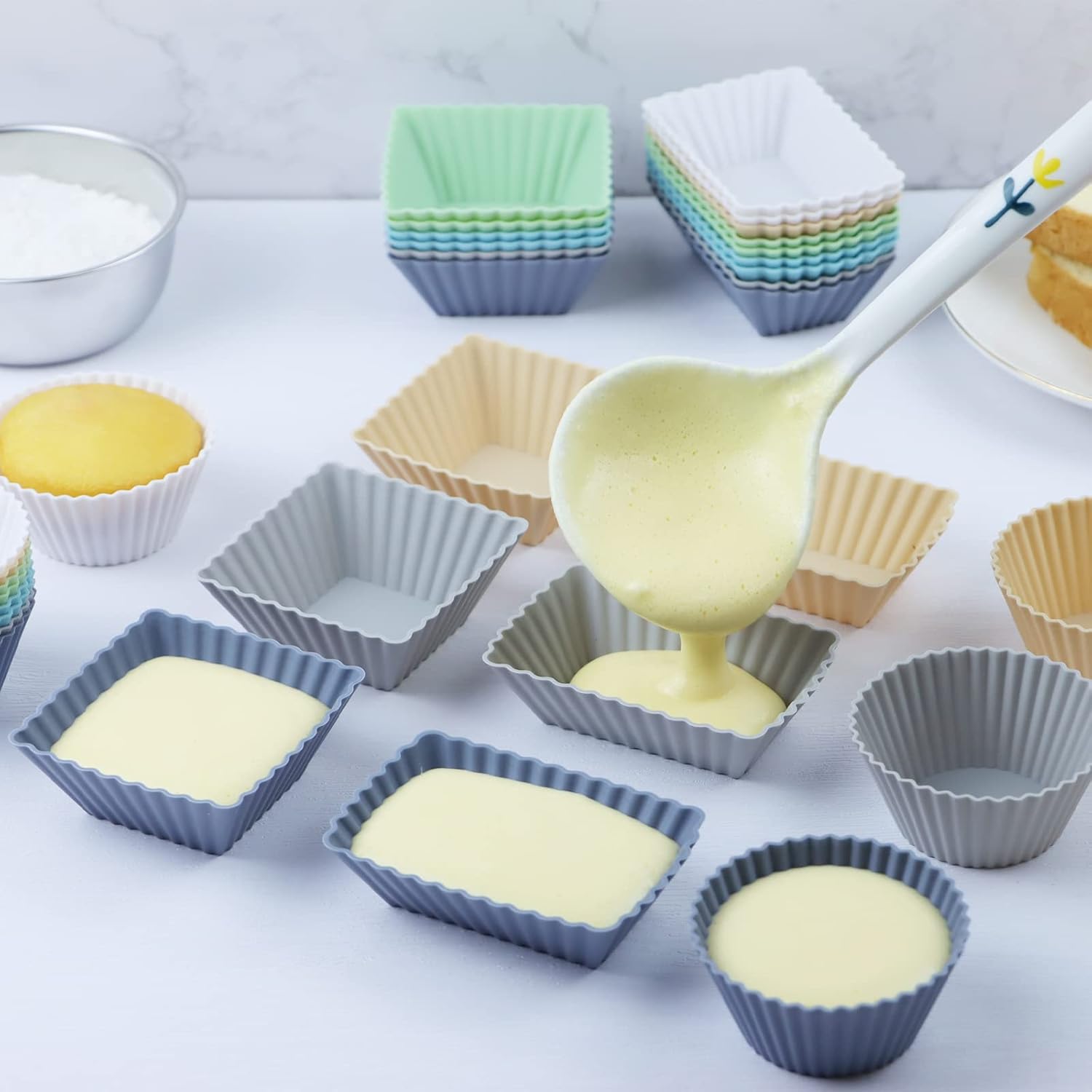 Paquete de 36 forros de silicona para cupcakes, tazas reutilizables para magdalenas, tazas redondas, cuadradas y rectangulares, antiadherentes,
