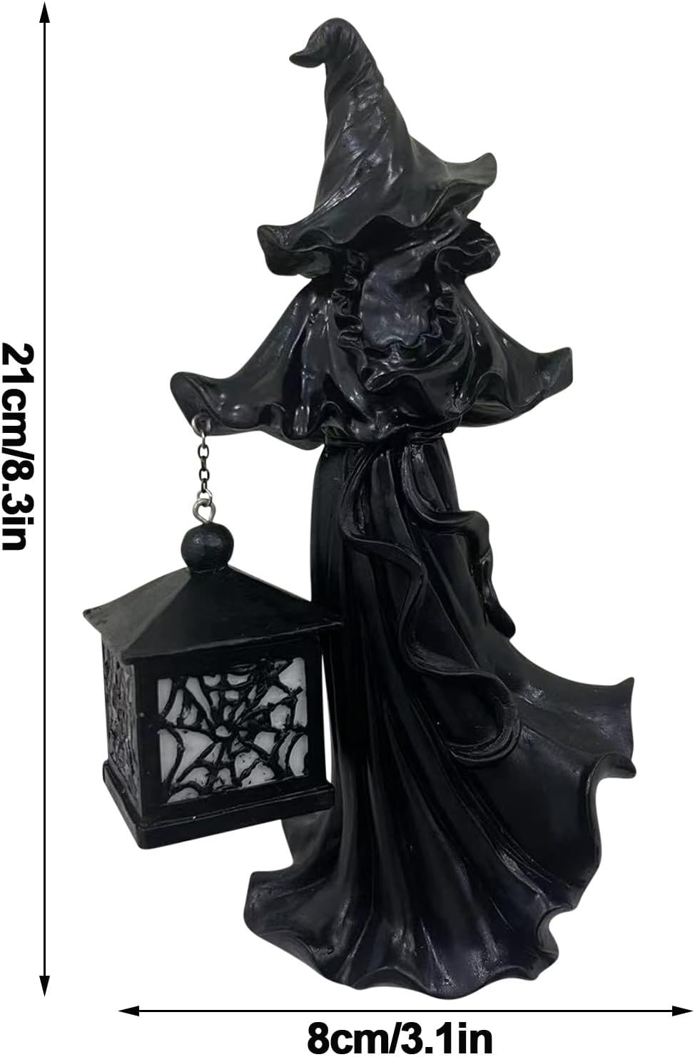 Bruja de Halloween 2023 con decoración de linterna LED, elegante figura de bruja de resina negra, mensajero del infierno aterrador con linterna,