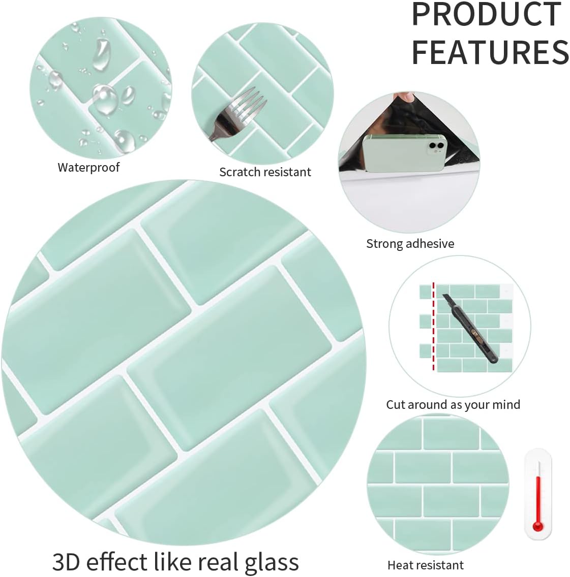 Protector contra salpicaduras de cocina autoadhesivo, color verde, azulejos grandes de metro para cocina, calcomanías adhesivas prémium para
